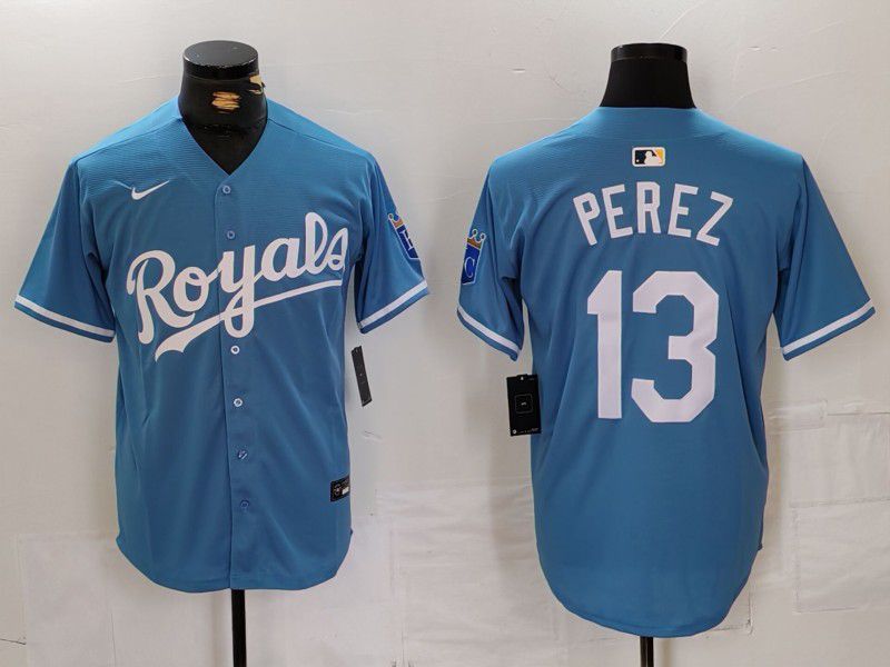 Men Kansas City Royals #13 Perez Blue Light Game 2024 Nike MLB Jersey style 1